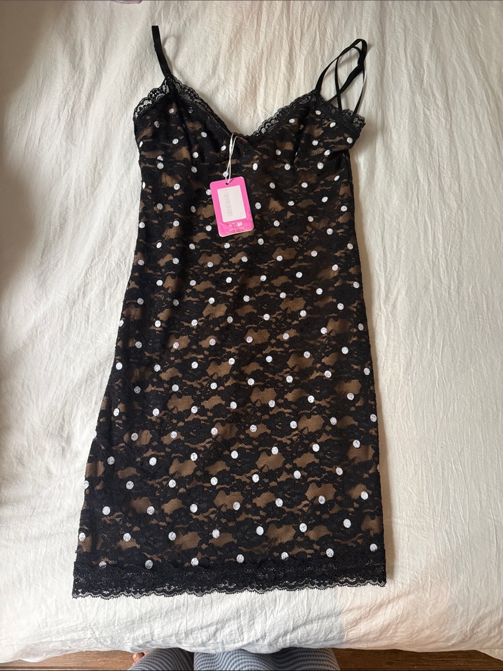 EDIKTED Brielle black Lace Slip Dress with Polka Dot Accents Size Small NWT